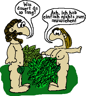 Adam und Eva vor dem Kleiderbusch