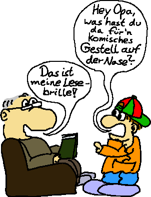 Altersweitsichtigkeit mit Lesebrille aus Sicht des Opas